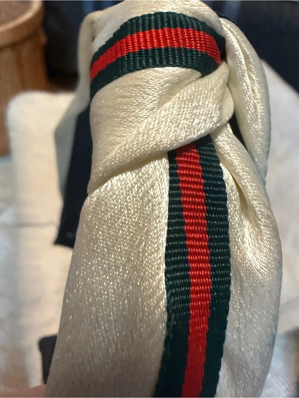 White satin red and green Twisted Headband with Multicolor Stripe Accent